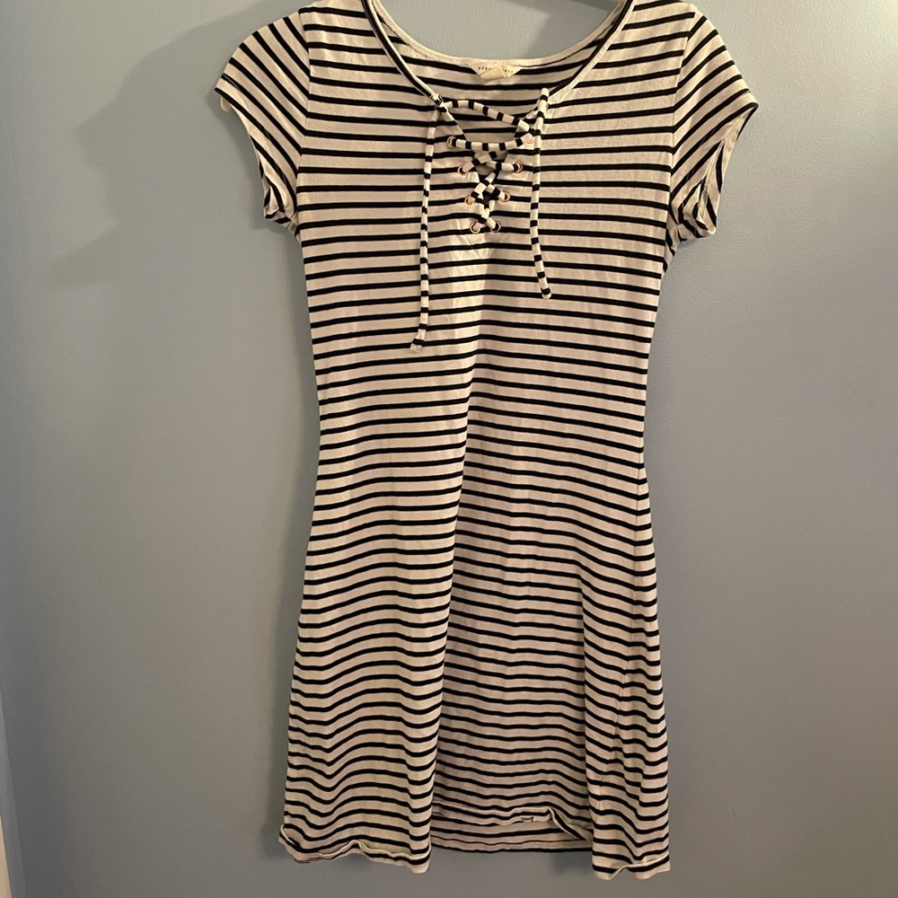 Lace up neckline striped bodycon dress with rose gold accents on neckline